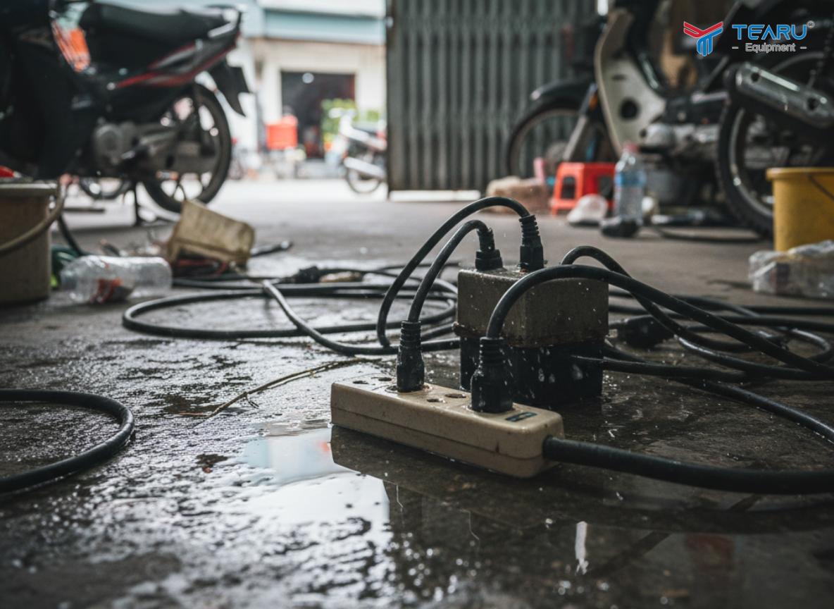 Máy rửa xe tự chế thường không có hệ thống cách điện an toàn khi sử dụng