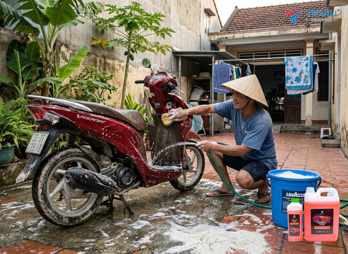 Cần xịt nước làm mềm vết bẩn trước khi rửa 