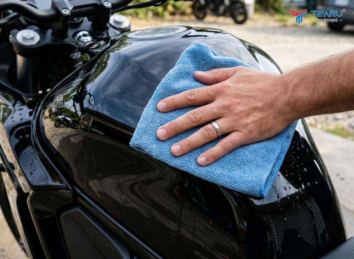 Sử dụng khăn microfiber chuyên dụng để lau sạch nước trên xe tránh đọng nước