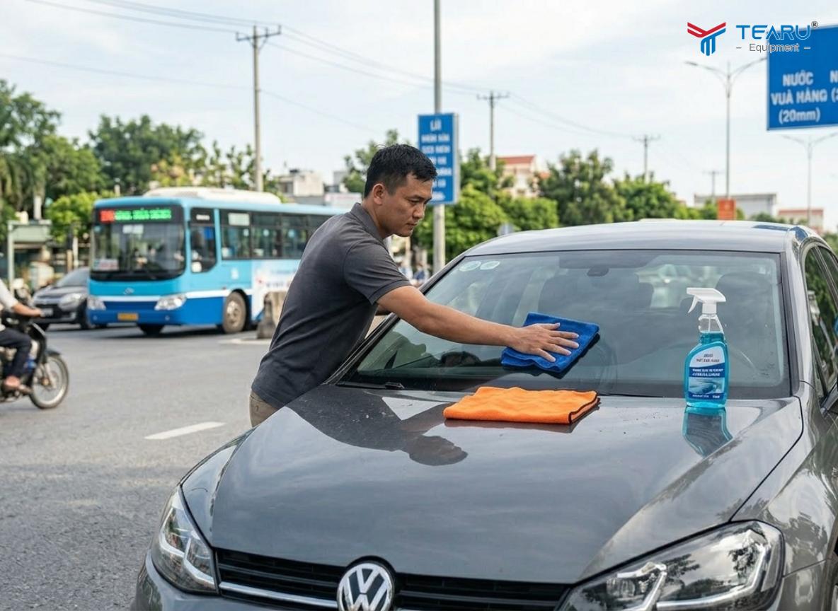 Danh Sách Dụng Cụ Cần Thiết Trên Xe Ô Tô Mà Tài Xế Nên Trang Bị 4 Khăn lau và dung dịch vệ sinh giúp bạn giữ cho xe luôn sạch sẽ trong quá trình sử dụng.
