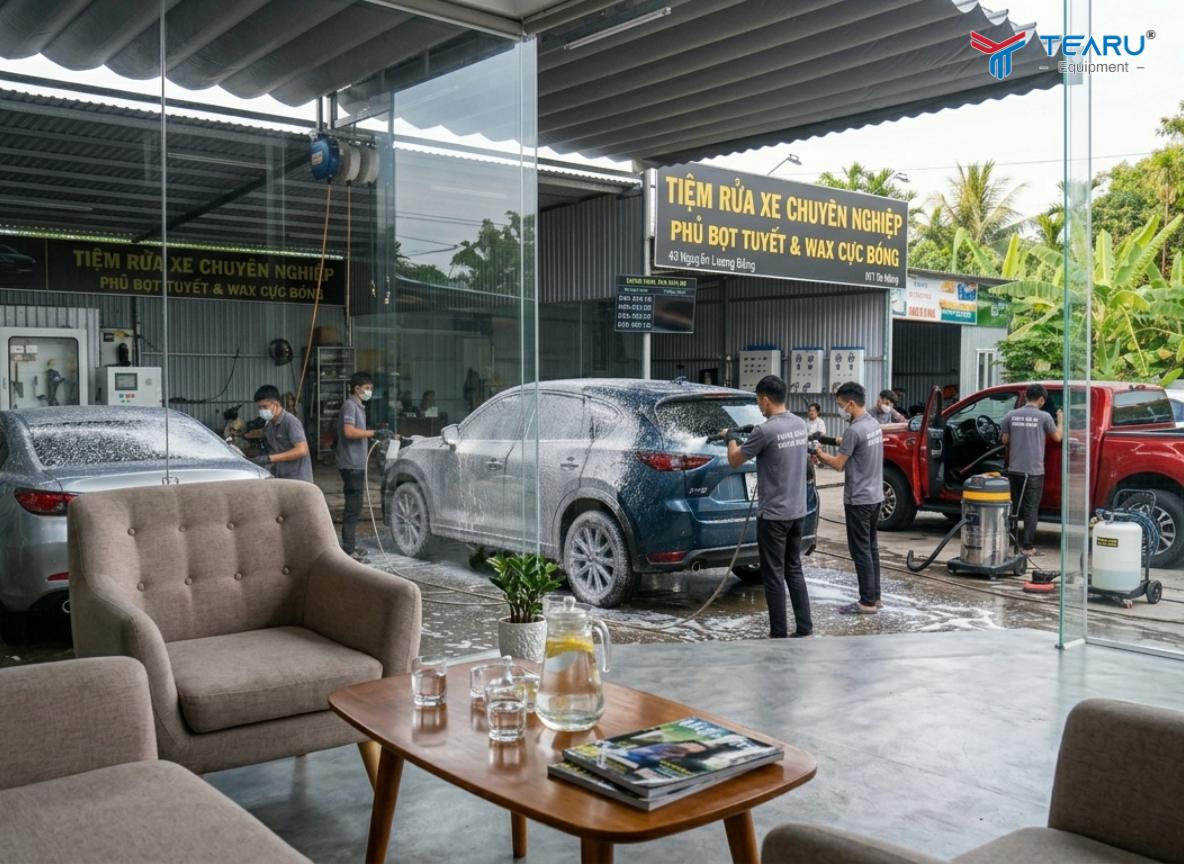 Tiệm rửa xe chuyên nghiệp có khu vực ngồi đợi và nước uống cho khách hàng