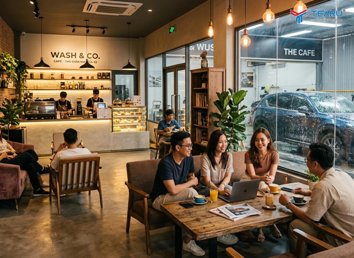 Khởi Nghiệp Thành Công Với 5 Mô Hình Rửa Xe Lợi Nhuận Cao Nhất 4 Rửa xe két hợp cafe giúp khách hàng có không gian nghỉ ngơi khi đợi rửa xe